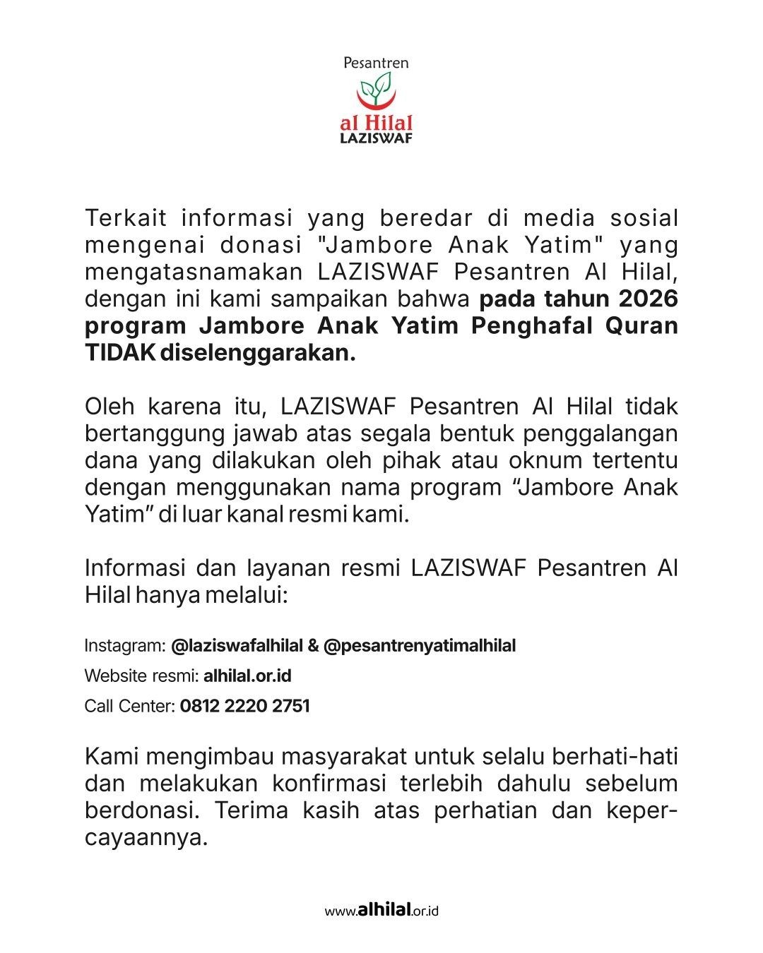 Waspada Akun dan Media Sosial Palsu Mengatasnamakan Pesantren Yatim Al-Hilal